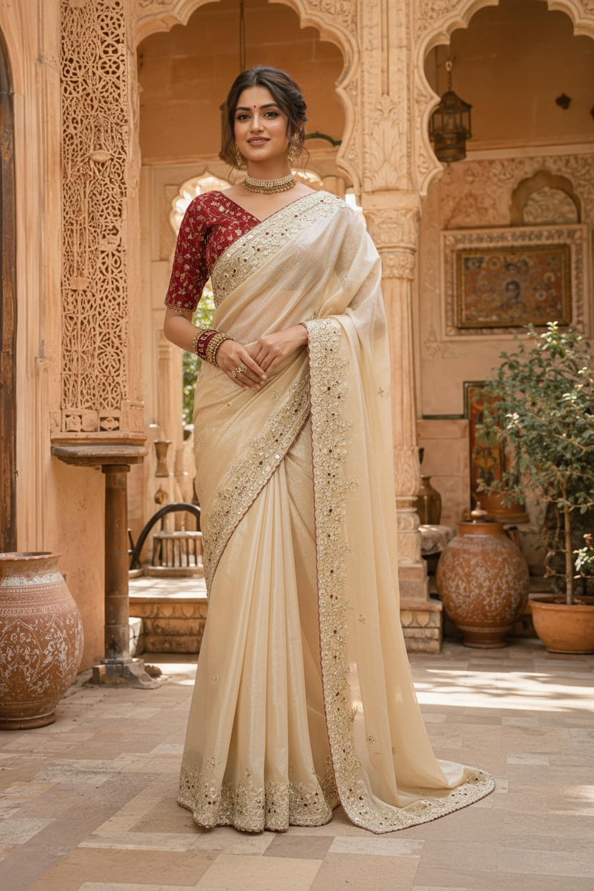 Satin Silk Sequins Thread Work Saree With Unstitched Blouse(Beige)