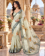 Pure Silk Printed Saree with Unstitched Blouse(Silver)