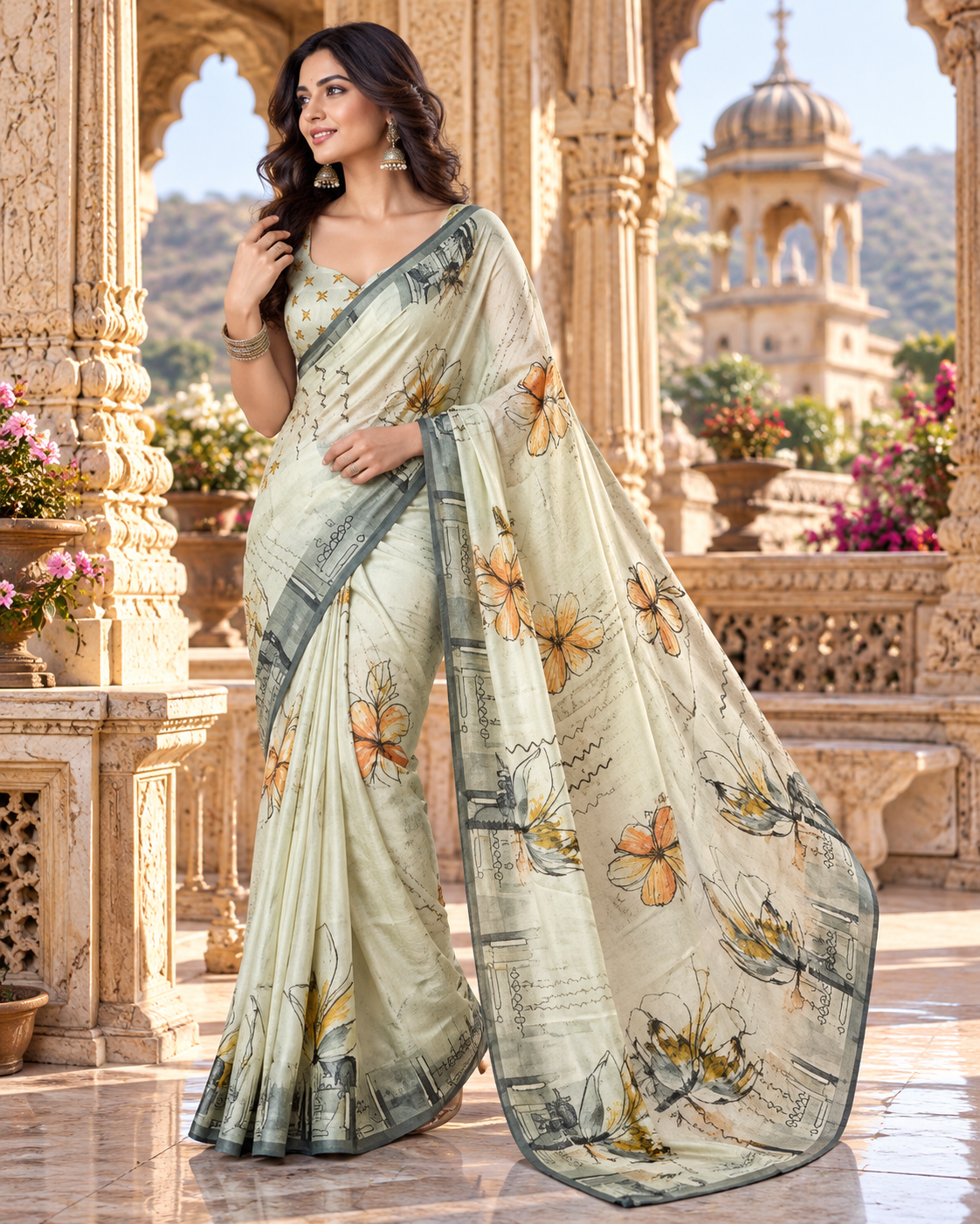 Pure Silk Printed Saree with Unstitched Blouse(Silver)
