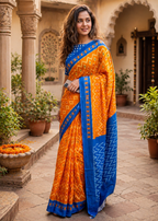 Mulmul Cotton Designer Saree With Unstitched Blouse(Turmeric)