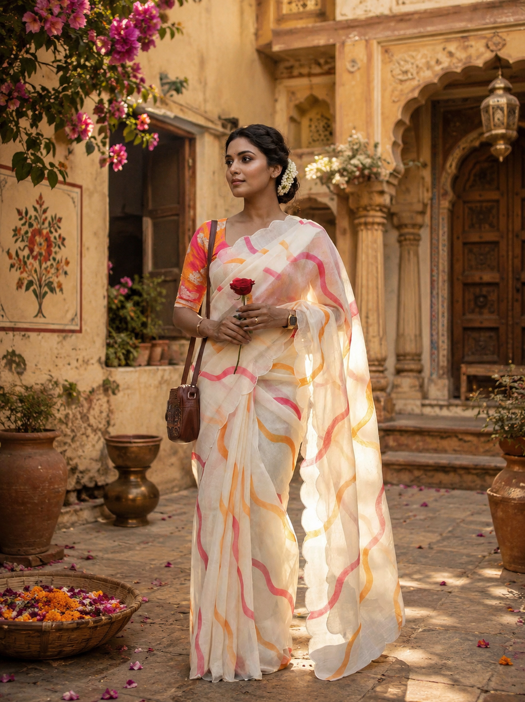 Linen Digital Printed Saree With Unstitched Blouse(White)