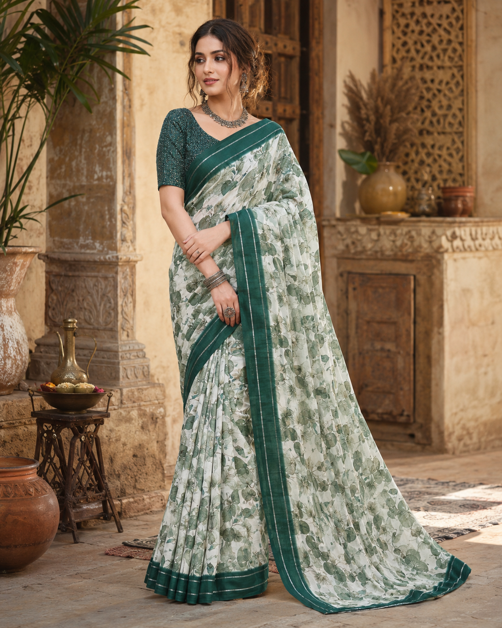 Satin Silk Printed Saree With Unstitched Blouse(Green)