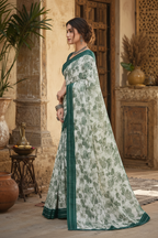Satin Silk Printed Saree With Unstitched Blouse(Green)