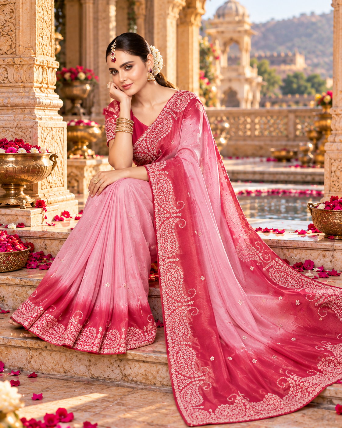 Pure Tissue Silk Handprint Saree With Unstitched Blouse(Pink)