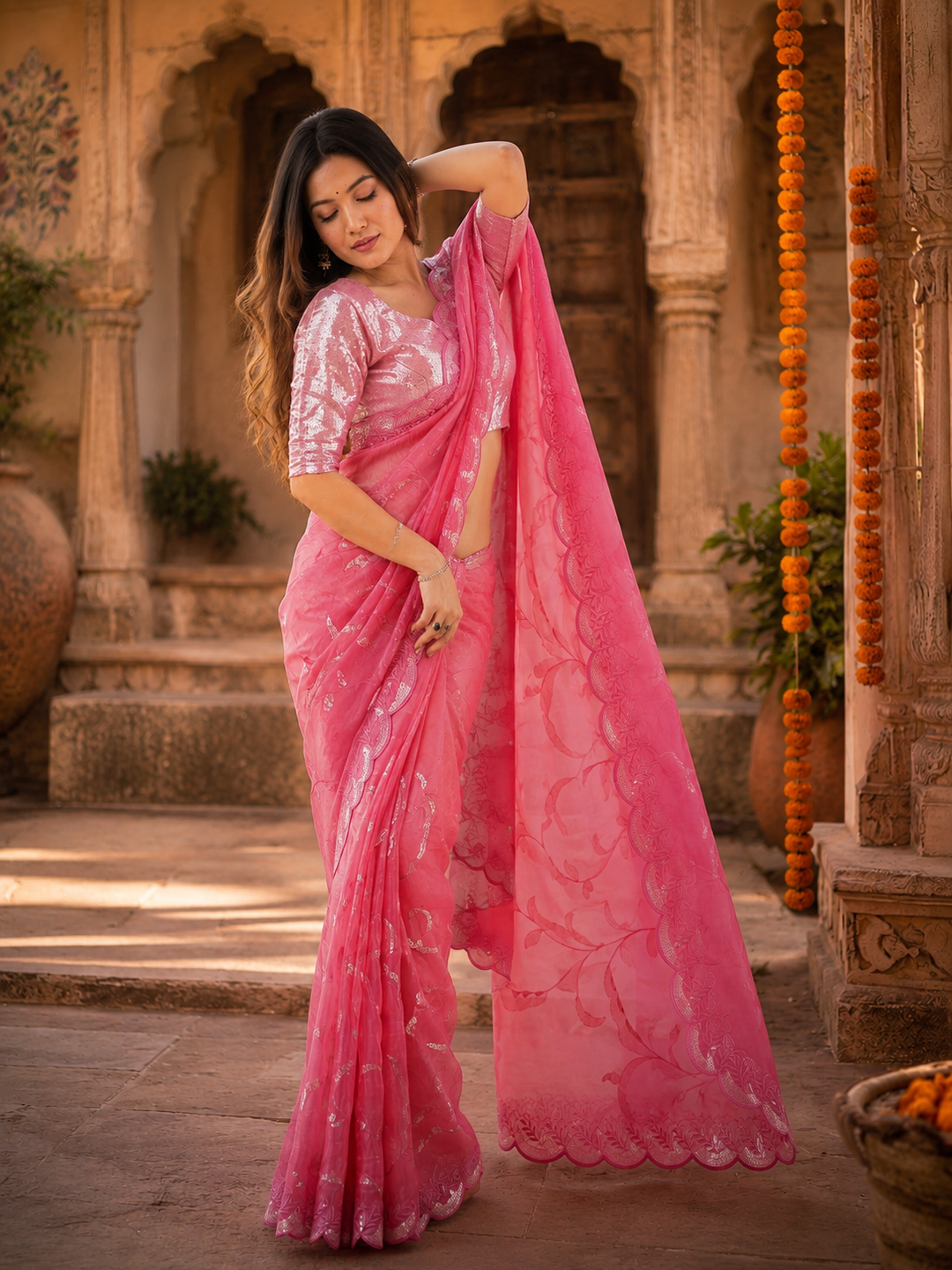 Premium Soft Crush Silk Sequin Work Saree With Unstitched Blouse(Pink)