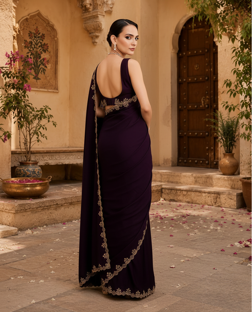 Soft Elegant Georgette Satin Saree With Unstitched Blouse(Wine)