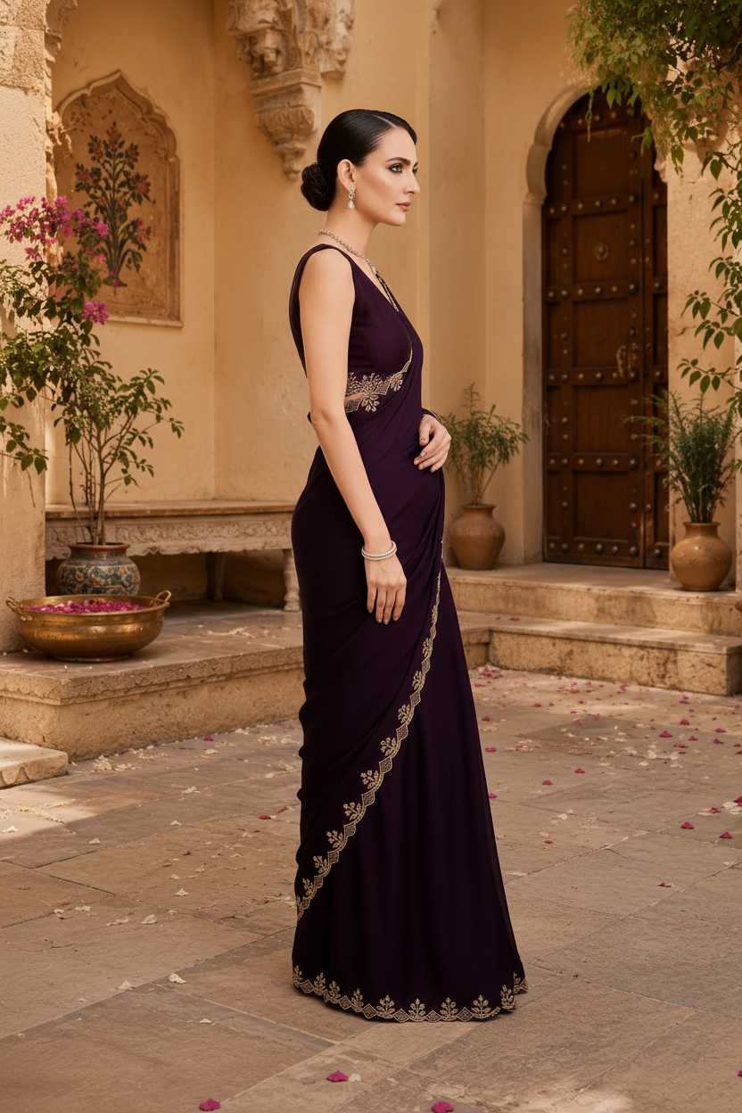 Soft Elegant Georgette Satin Saree With Unstitched Blouse(Wine)