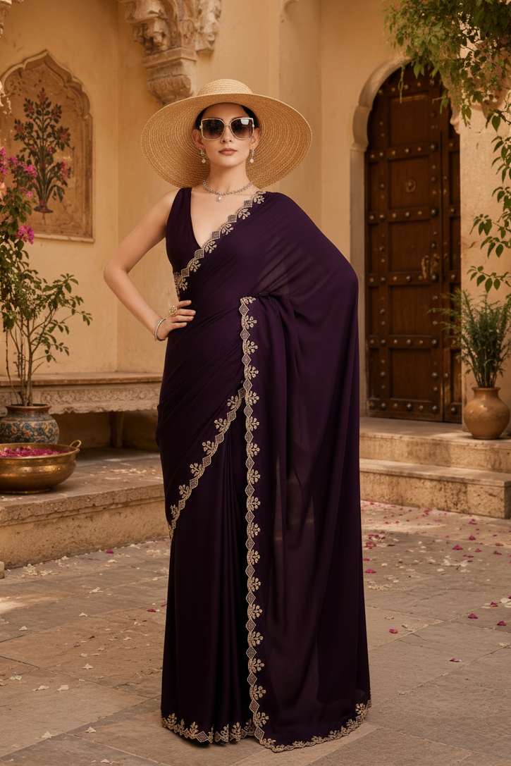 Soft Elegant Georgette Satin Saree With Unstitched Blouse(Wine)