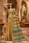 Linen Printed Saree With Unstitched Blouse(Mustard)