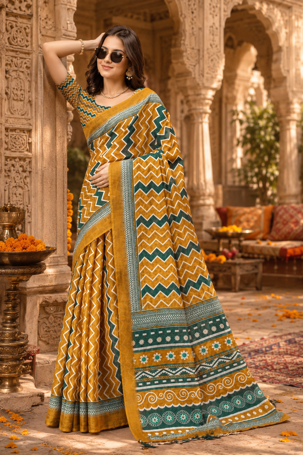 Linen Printed Saree With Unstitched Blouse(Mustard)