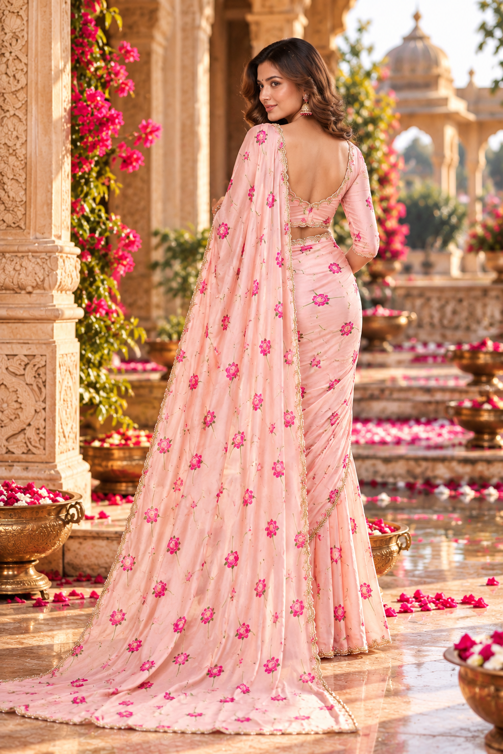 Premium Satin Silk Printed Saree With Unstitched Blouse(Peach)
