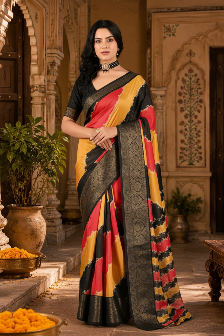 Soft Litchi Silk Saree With Unstitched Blouse(Multicolor)