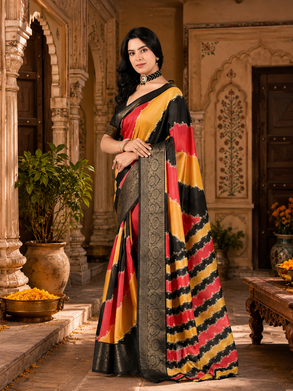Soft Litchi Silk Saree With Unstitched Blouse(Multicolor)