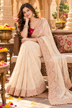 Rangoli Silk Embroidery Work Saree With Unstitched Blouse(Cream)