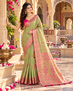 Premium Tissue Silk Zari Border Work Saree With Unstitched Blouse(Fern Green)