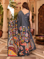 Manipuri Silk Kalamkari Print Saree With Unstitched Blouse(Grey)