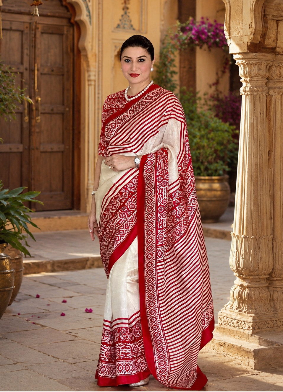 Premium Satin Silk Printed Saree With Unstitched Blouse(Red)