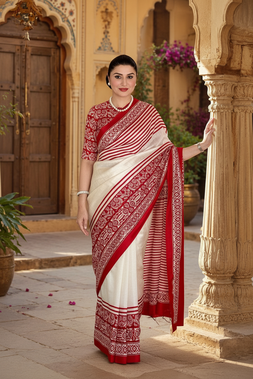 Premium Satin Silk Printed Saree With Unstitched Blouse(Red)