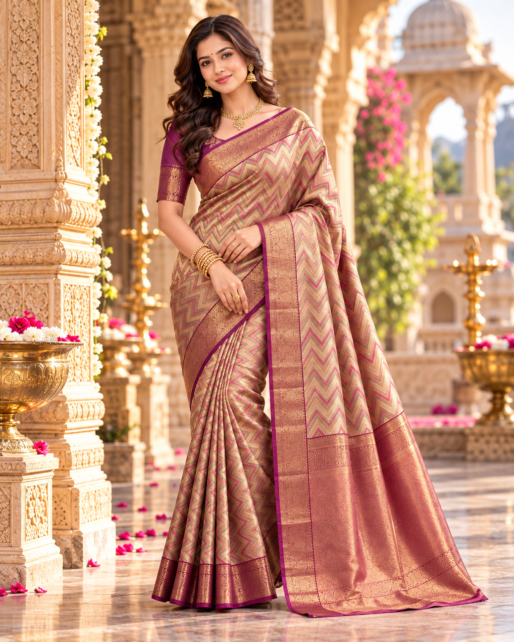 Pure Kanjivaram Silk Saree With Unstitched Blouse(Purple)