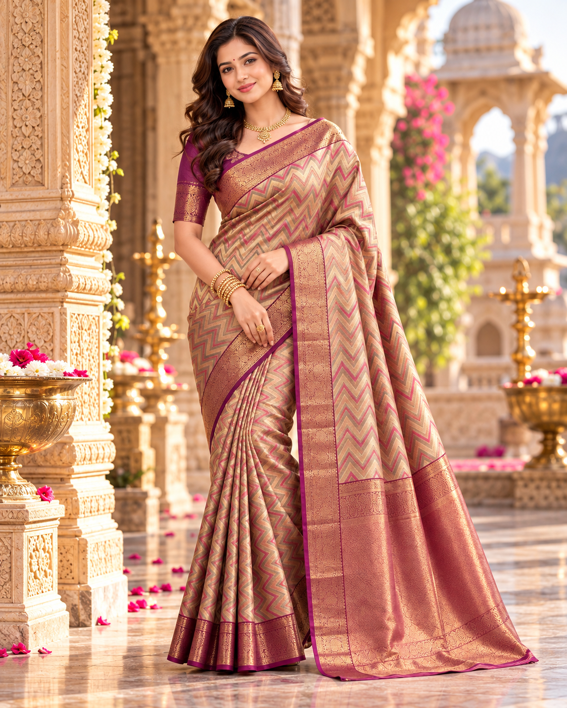 Pure Kanjivaram Silk Saree With Unstitched Blouse(Purple)