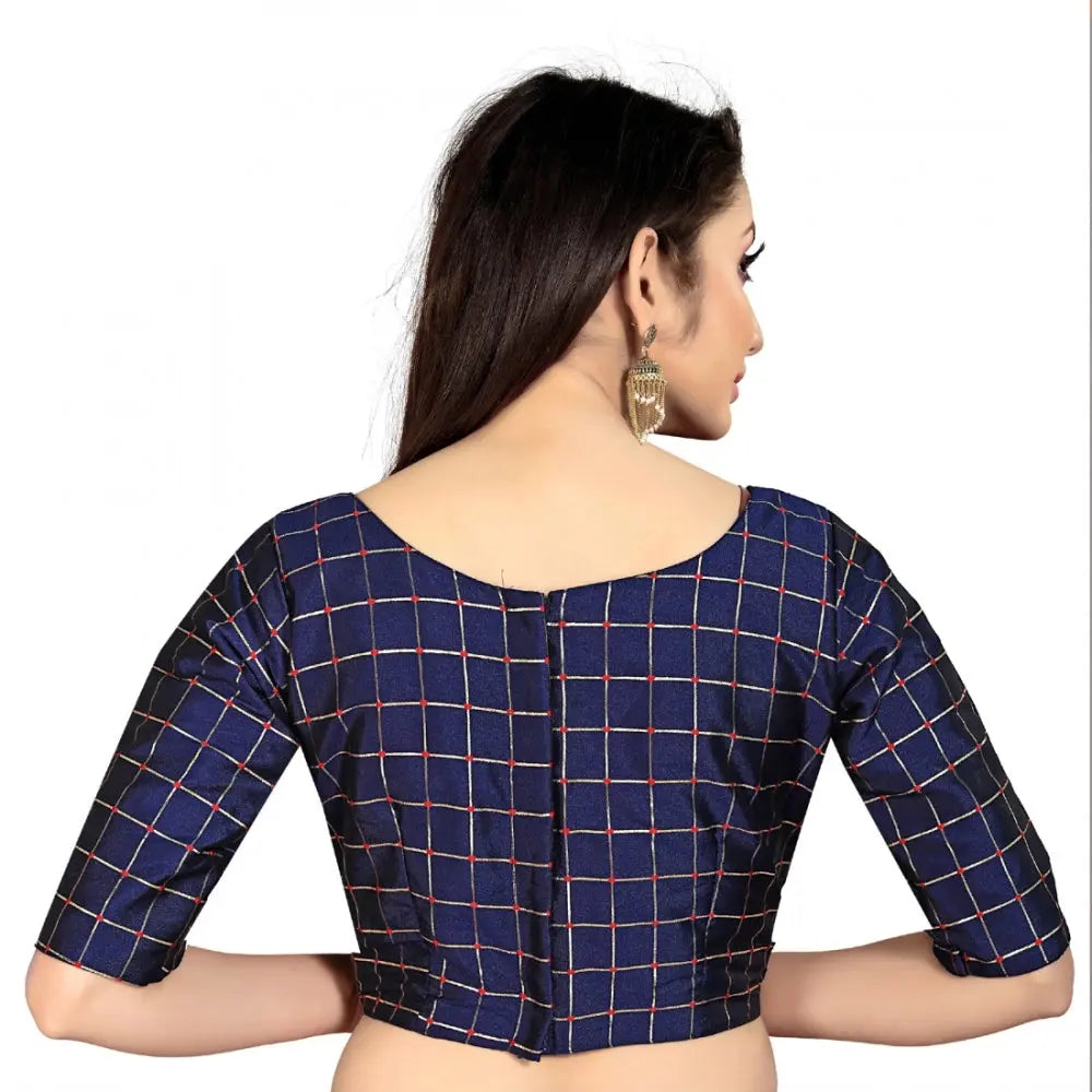 Women's Brocade, Inner-Cotton Full Stitched Padded Blouse (Navy Blue ) Kashvii