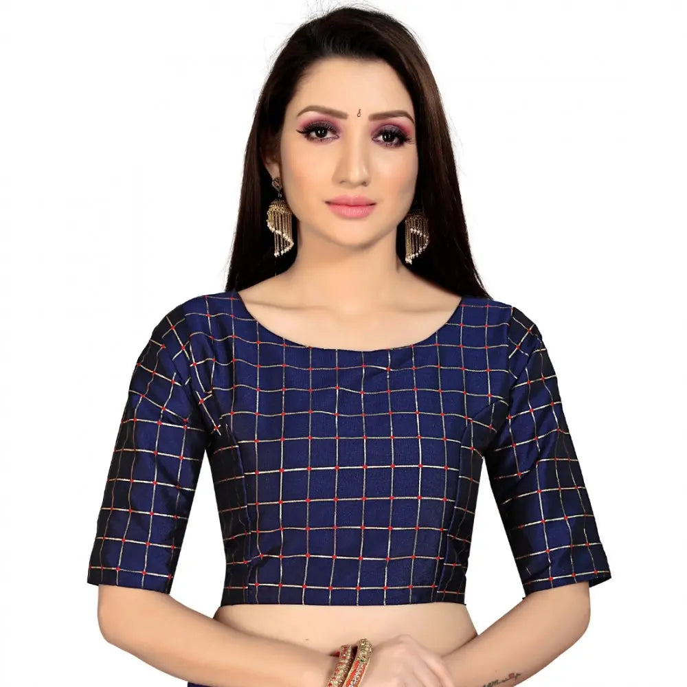 Women's Brocade, Inner-Cotton Full Stitched Padded Blouse (Navy Blue ) Kashvii