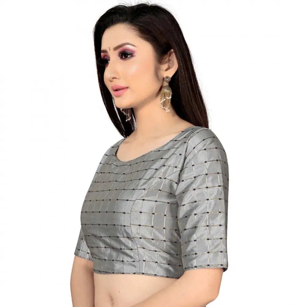 Women's Brocade, Inner-Cotton Full Stitched Padded Blouse (Light Gray ) Kashvii