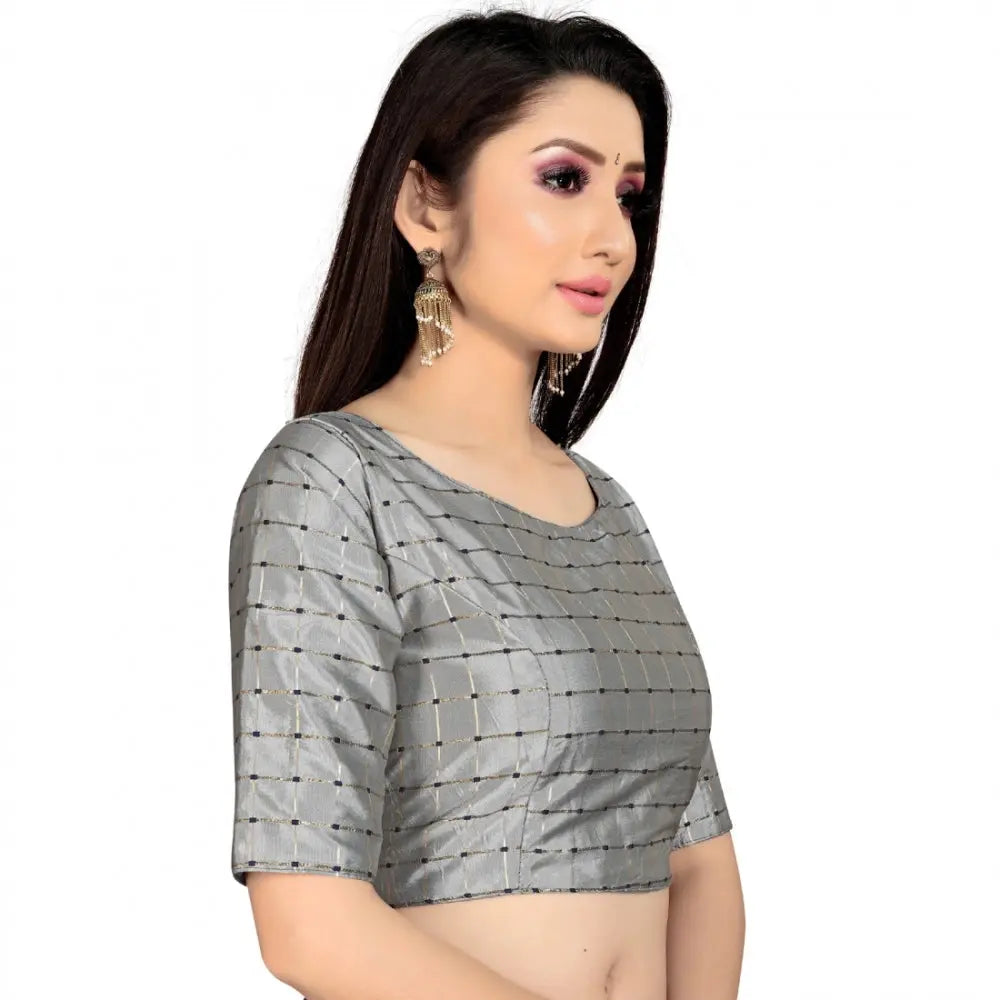 Women's Brocade, Inner-Cotton Full Stitched Padded Blouse (Light Gray ) Kashvii