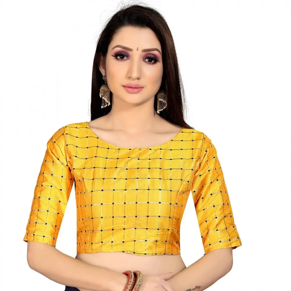 Women's Brocade, Inner-Cotton Full Stitched Padded Blouse (Yellow ) Kashvii
