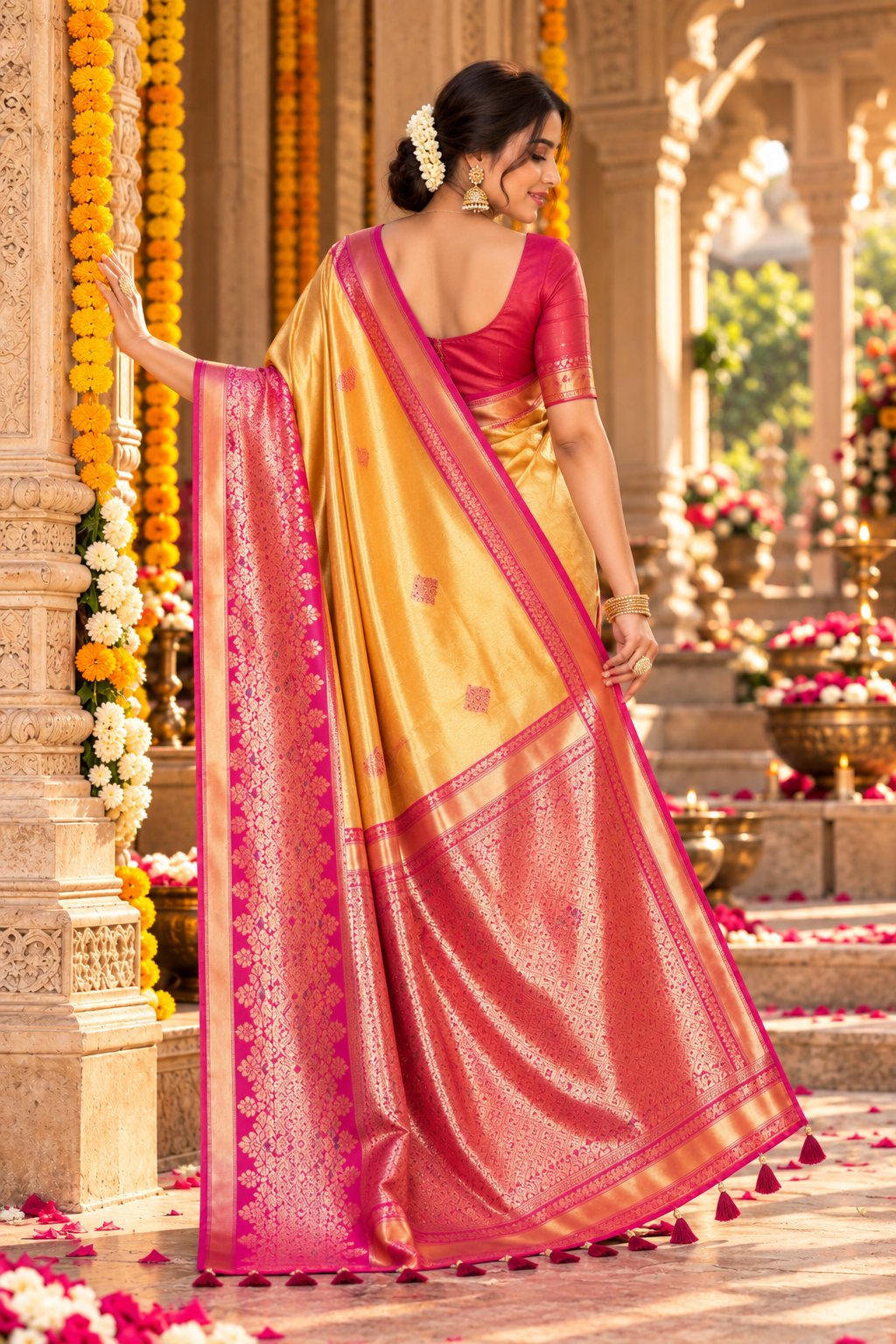 Soft Banarasi Tissue Silk Saree With Unstitched Blouse(Mustard)