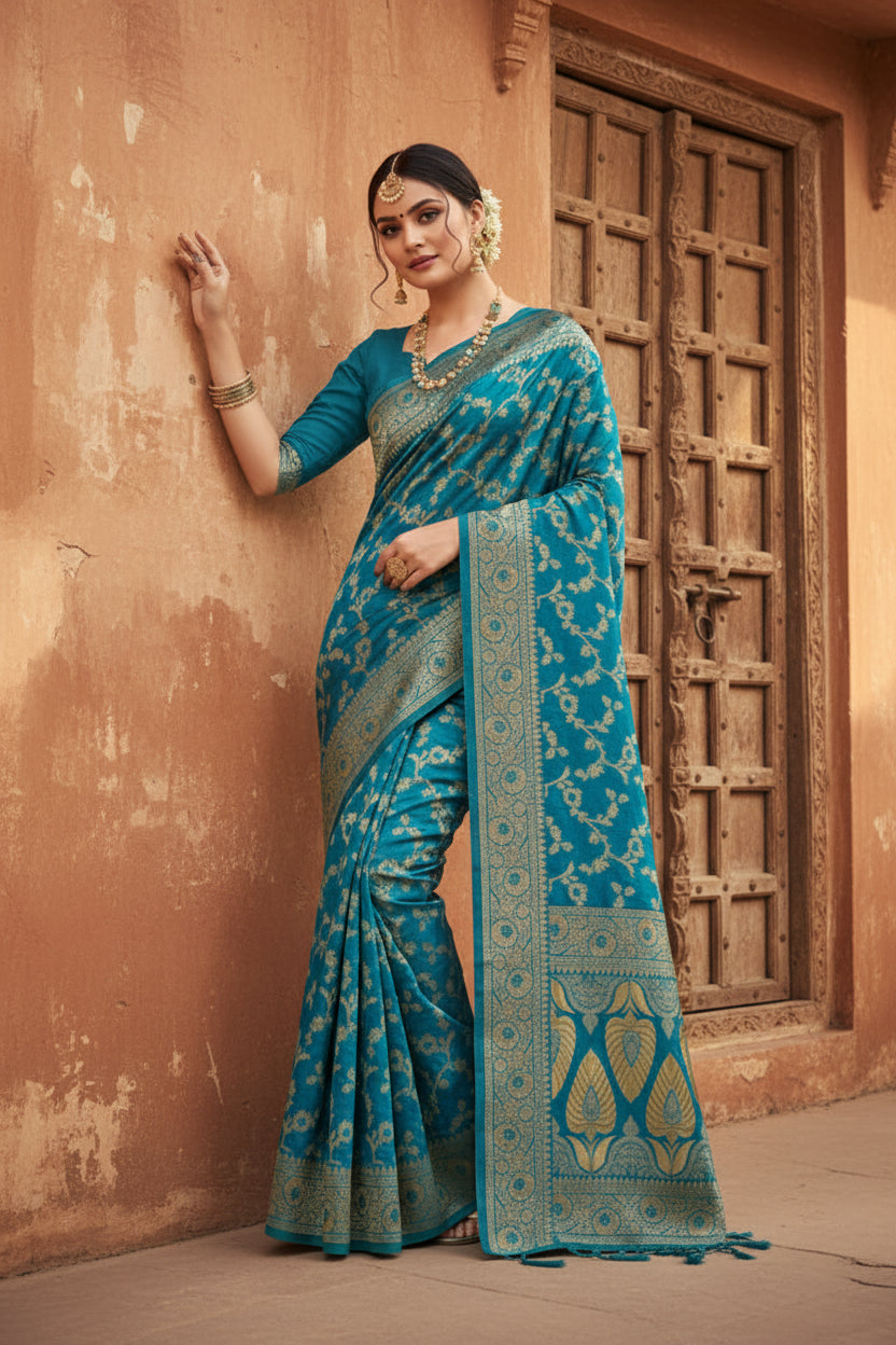 Women's banarasi silk saree (sky blue, 5 6mtrs) kashvii