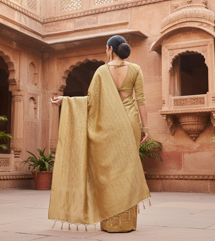 Women's Banarasi Silk Saree (Cream, 5-6mtrs)