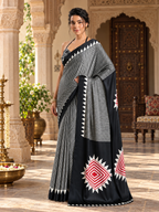 Satin Silk Ajrakh Printed Saree With Unstitched Blouse(Black)