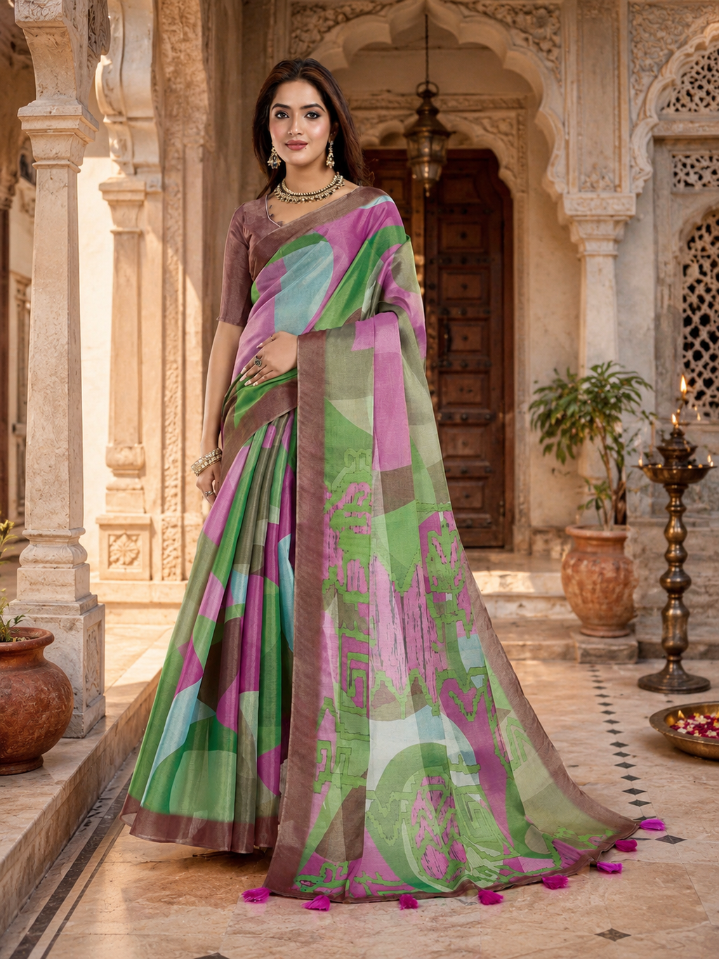 Cotton Printed Saree With Unstitched Blouse(Multicolor)