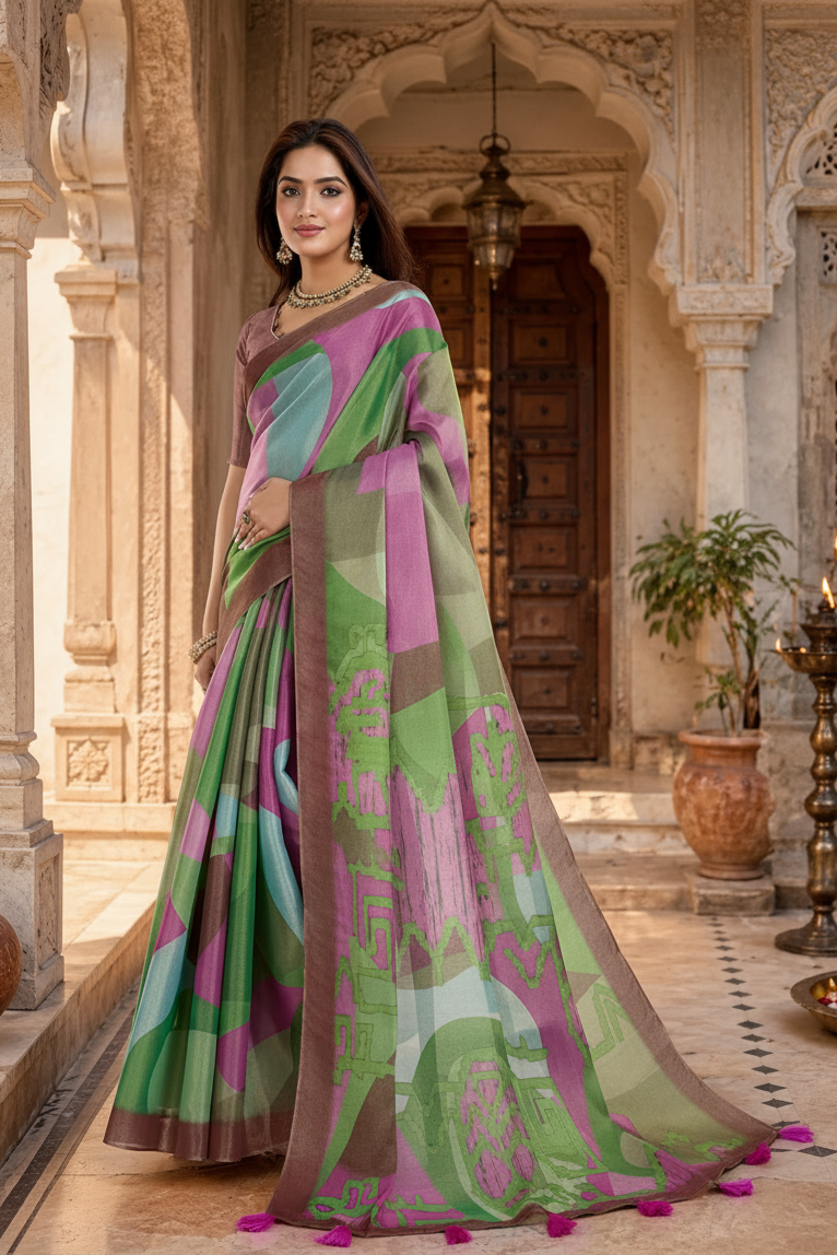 Cotton Printed Saree With Unstitched Blouse(Multicolor)