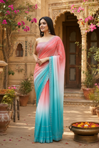 Georgette Swarovski Printed Saree With Unstitched Blouse(Pink)