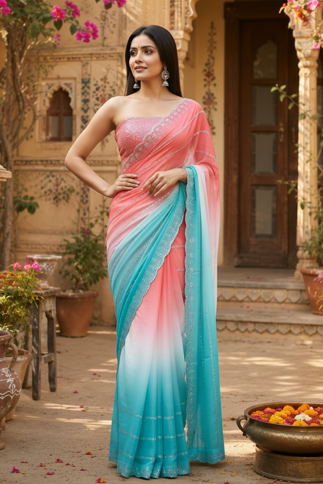 Georgette Swarovski Printed Saree With Unstitched Blouse(Pink)