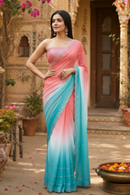 Georgette Swarovski Printed Saree With Unstitched Blouse(Pink)