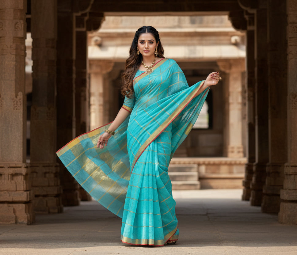 Women's kota doria cotton saree with blouse (sky blue,6 3 mtrs) kashvii
