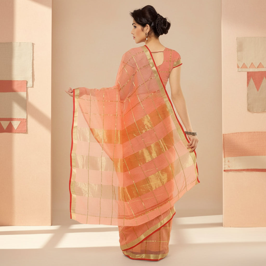 Women's Kota Doria Cotton Saree With Blouse (Peach,6-3 Mtrs) Kashvii
