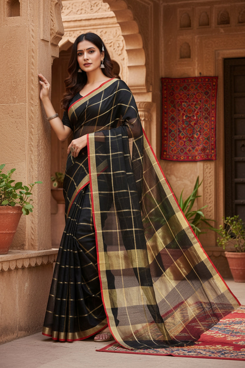 Women's Kota Doria Cotton Saree With Blouse (Black,6-3 Mtrs) Kashvii