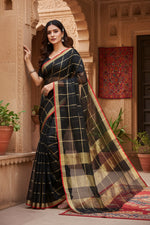 Load image into Gallery viewer, Women's Kota Doria Cotton Saree With Blouse (Black,6-3 Mtrs) Kashvii
