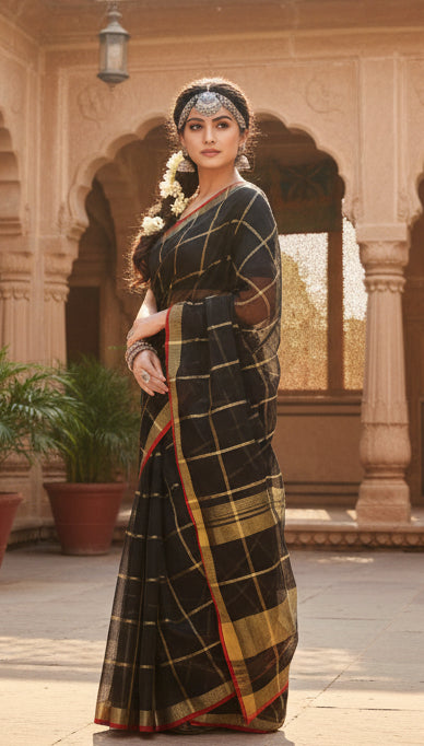 Women's Kota Doria Cotton Saree With Blouse (Black,6-3 Mtrs) Kashvii