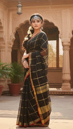 Load image into Gallery viewer, Women's Kota Doria Cotton Saree With Blouse (Black,6-3 Mtrs) Kashvii
