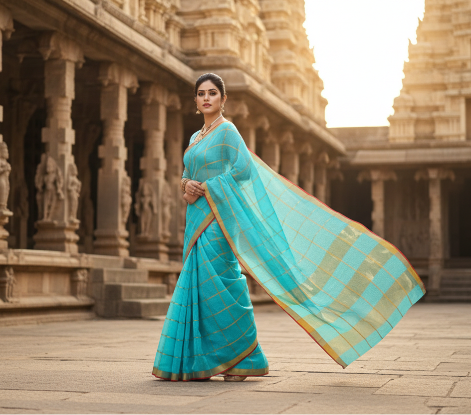 Women's kota doria cotton saree with blouse (sky blue,6 3 mtrs) kashvii