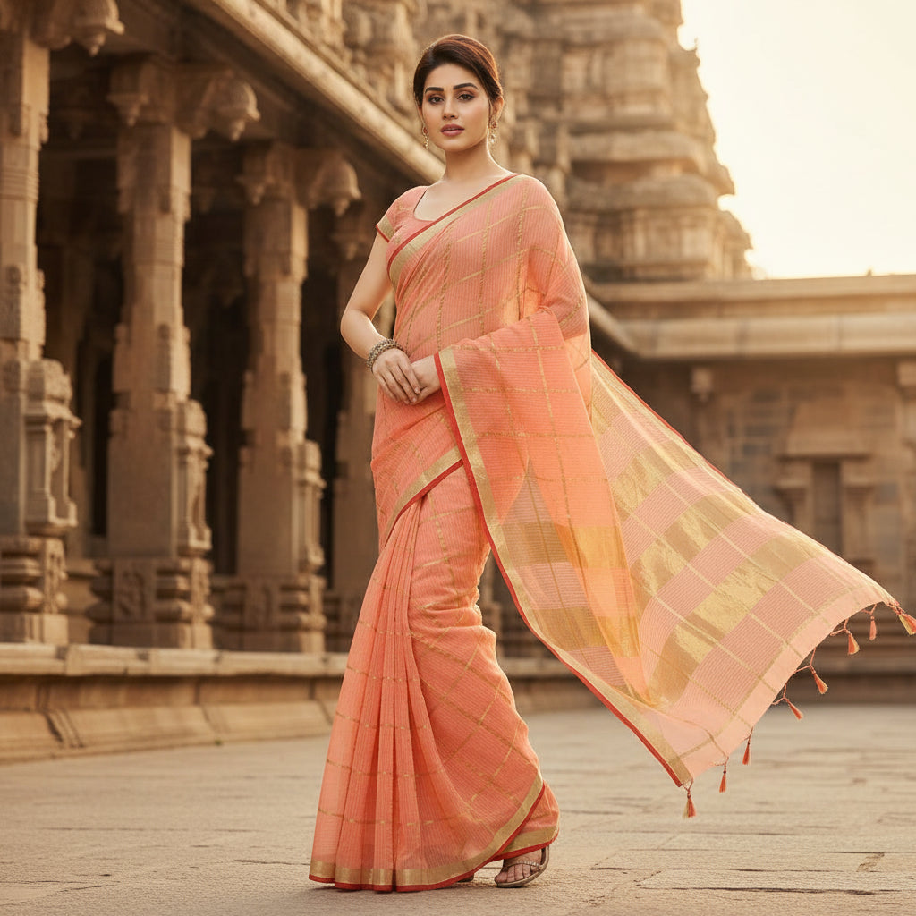 Women's kota doria cotton saree with blouse (peach,6 3 mtrs) kashvii