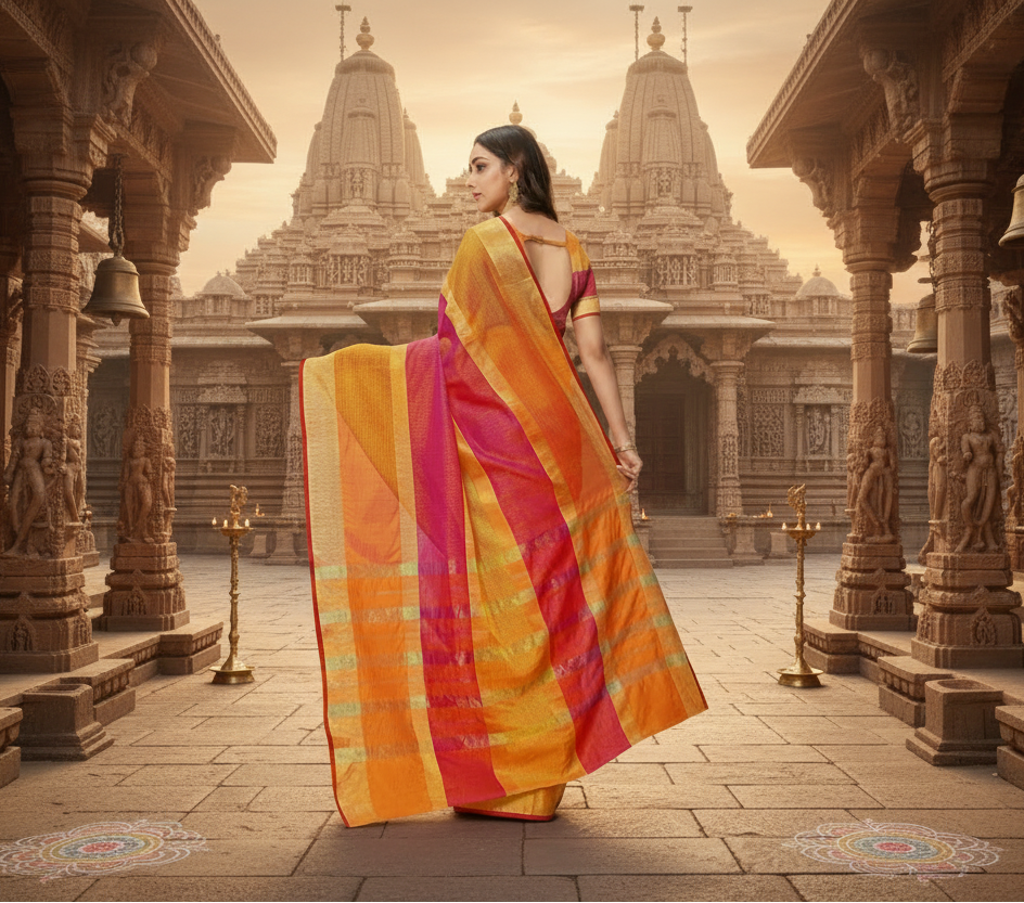 Women's Kota Doria Cotton Saree With Blouse (Orange,6-3 Mtrs) Kashvii