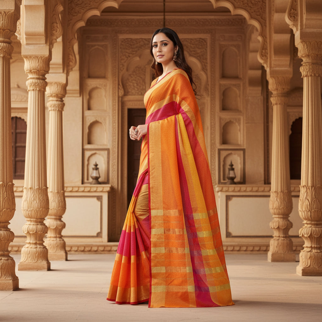 Women's kota doria cotton saree with blouse (orange,6 3 mtrs) kashvii
