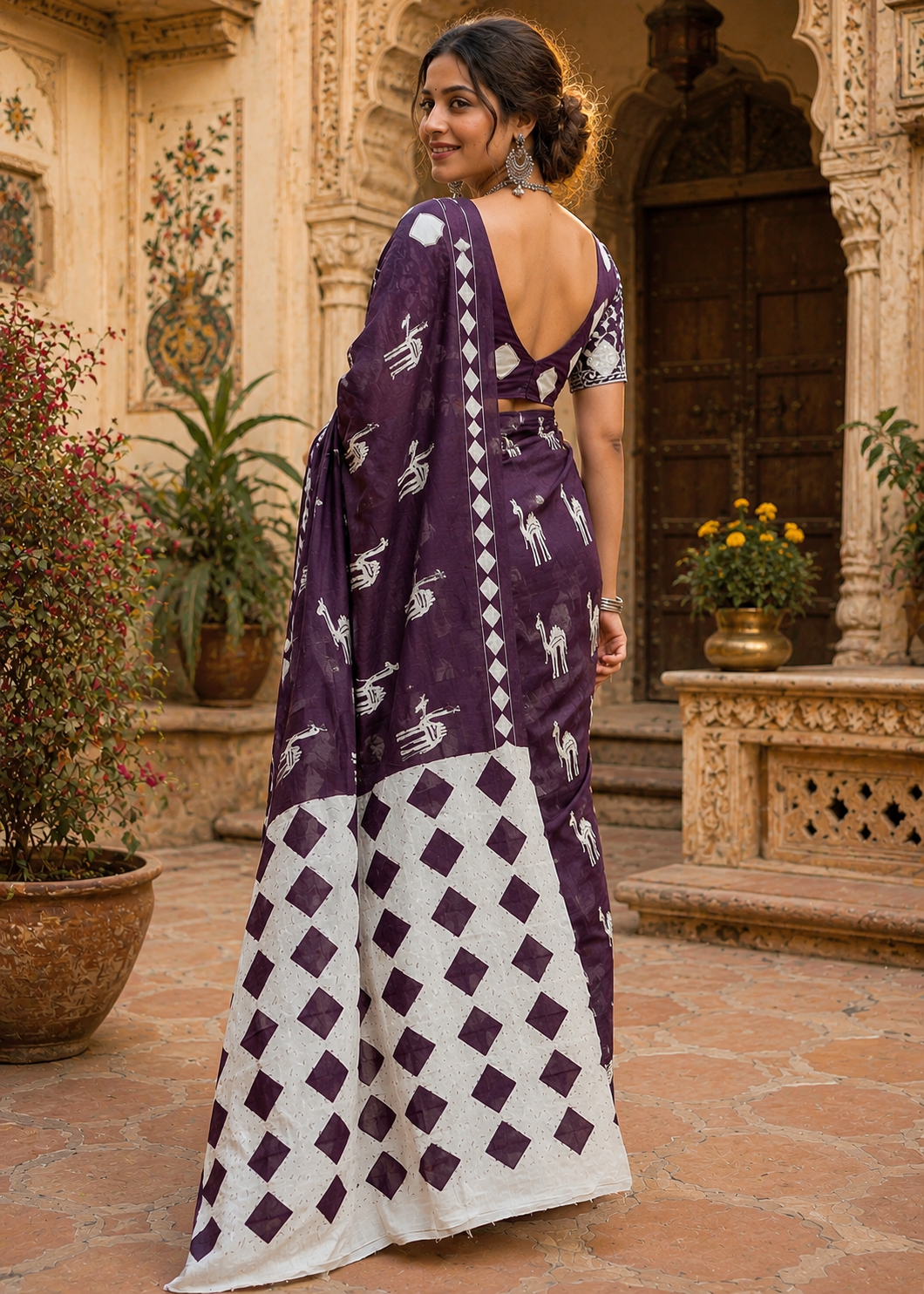 Soft Pure Cotton Printed Saree With Unstitched Blouse(Wine)