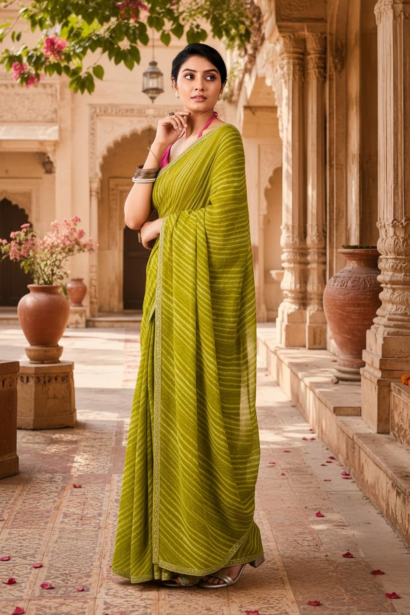 Premium Georgette Bandhani Work Saree With Unstitched Blouse(Green)